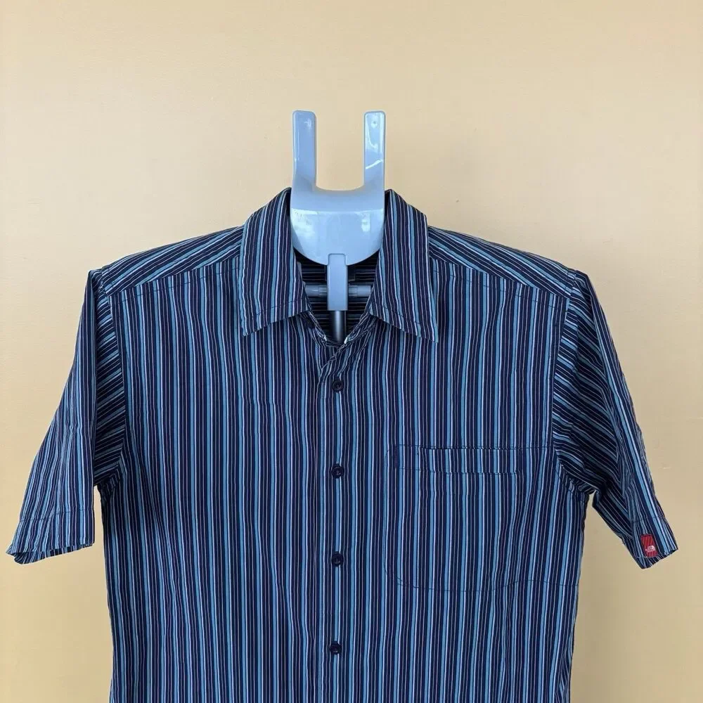 The North Face Men's Black and Blue Vertical Stripe Button-Down Shirt